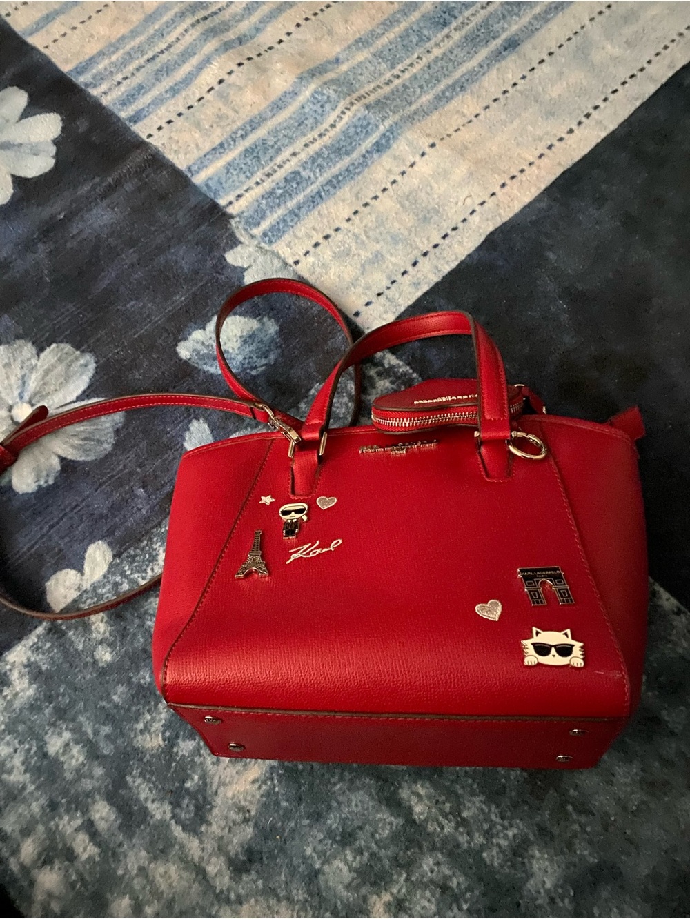 Karl Lagerfeld Red Embellished Crossbody Satchel